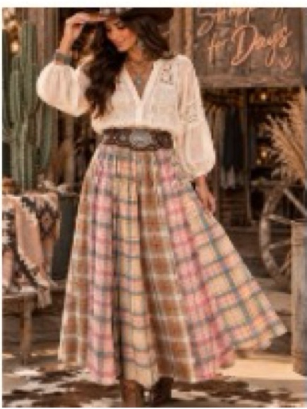 Oli & Hali Boho Plaid Maxi Skirt in Pink and Brown
